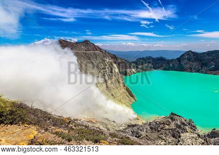 Panoramic Aerial View Crater Of Active Volcano Ijen, Java Island, Indonesia