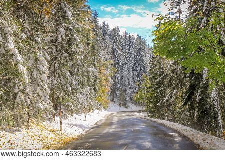 Mountain Road Pass Between Bavarian Alps And Austrian Tyrol At Autumn, After Snow