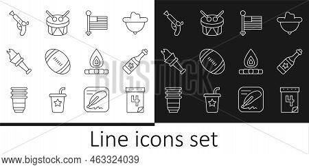 Set Line Calendar With Date July 4, Champagne Bottle, American Flag, Football Ball, Torch Flame, Vin