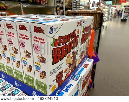 New Hope, Minnesota - October 11, 2022: Display Of Frute Brute Cherry-flavored Cereal By General Mil