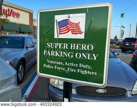New Hope, Minnesota - October 11, 2022: Super Hero Parking Only - Special Parking Spot For Military 