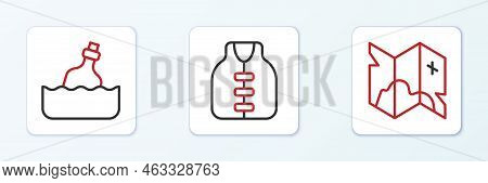 Set Line Pirate Treasure Map, Bottle With Message In Water And Life Jacket Icon. Vector