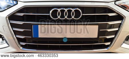 Audi Chrome Metal Logo, Luxury Car In Istanbul City, November 22 2021 Istanbul Pendik Turkey Used Ca
