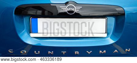 Mini Cooper Countryman Chrome Metal Logo Front View, Luxury Mini Blue Car In Istanbul City, December