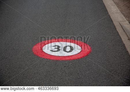 Zone 30 Text Paint City Road Car Sign To Limit Town Center Vehicle Speed To 30km Per Hour