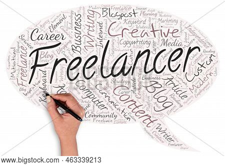 Big Word Cloud In The Shape Of Speech Bubble With Hand And Pen With Word Freelancer. Person Who Purs
