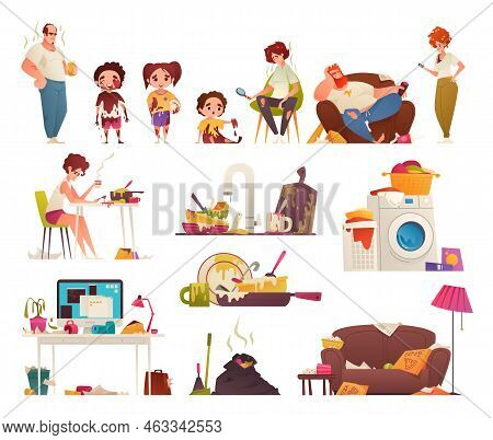 Dirty Household Cartoon Icons Set With Messy Clothes Dishes And Kids Isolated Vector Illustration