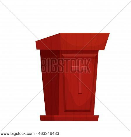 Wooden Tribune With Cross, Orator Podium With Microphone Textured In Cartoon Style Isolated On White