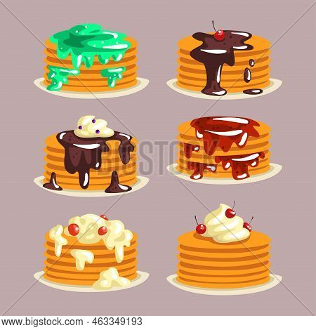 Pile Of Sweet Pancakes Poured With Whipped Cream And Chocolate On The Top Vector Set
