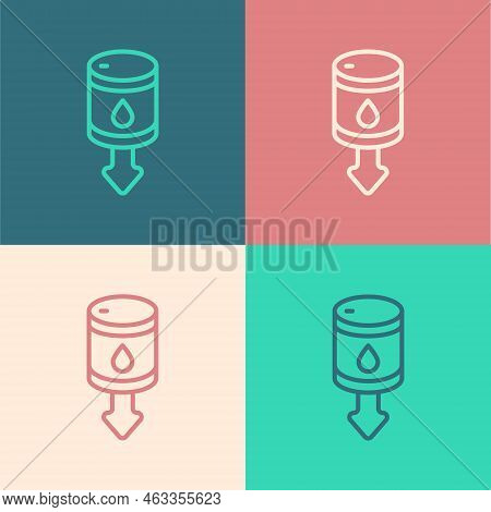 Pop Art Line Drop In Crude Oil Price Icon Isolated On Color Background. Oil Industry Crisis Concept.