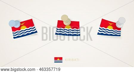 Pinned Flag Of Kiribati In Different Shapes With Twisted Corners. Vector Pushpins Top View. Flag Set