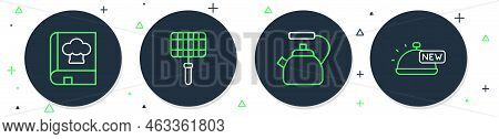 Set Line Barbecue Steel Grid, Kettle With Handle, Cookbook And Covered Tray Of Food Icon. Vector