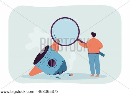 Analysis Of Rocket Crash By Tiny Man With Magnifying Glass. Failure Of Startup And Bad Project Of Pe