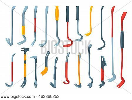 Crowbars For Repairman Toolbox Flat Vector Illustrations Set. Collection Cartoon Drawings Of Instrum
