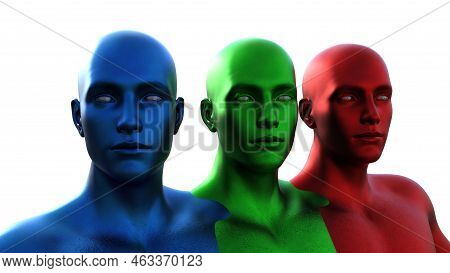 Three Bald Men In Blue Green And Red On A White Background. 3d Illustration.