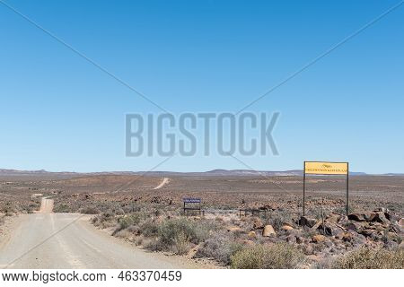 Fraserburg, South Africa - Sep 3, 2022: Road Landscape With Name Boards At Eselfontein Guest Farm On