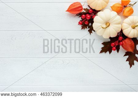 Halloween Festive Autumn Background. Autumn Decor From Pumpkins, Berries, Maple Leaves And Chestnuts