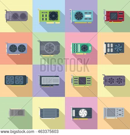 Gpu Graphic Card Icons Set Flat Vector. Hard Ware. Board Capacitor
