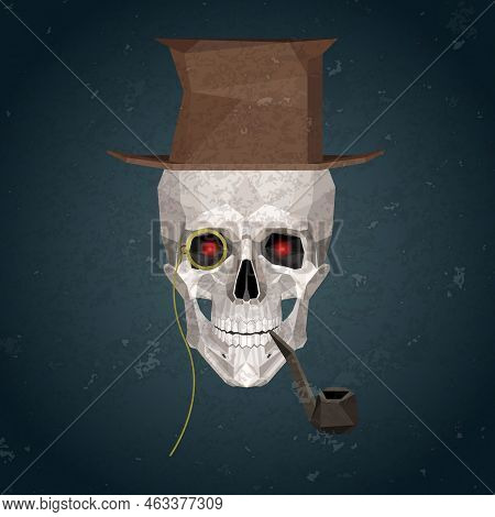 Vintage Male Skull With Smoking Pipe, Monocle And Top Hat In Low Poly Style.