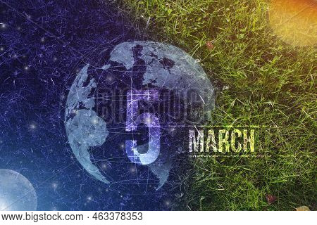 March 5th. Day 5 Of Month, Calendar Date. Day To Night Background Concept. Scene With Globe The Gree