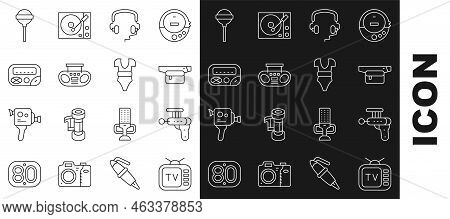 Set Line Retro Tv, Ray Gun, Waist Bag Of Banana, Headphones, Home Stereo With Two Speakers, Pager, L