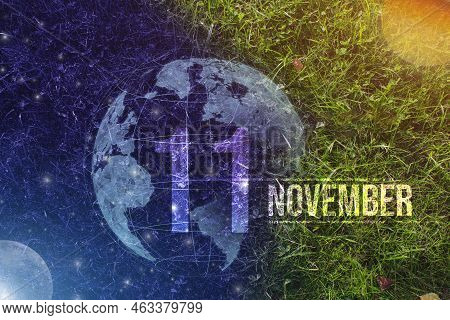 November 11st . Day 11 Of Month, Calendar Date. Day To Night Background Concept. Scene With Globe Th