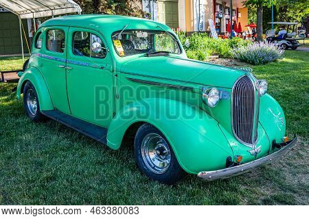 Falcon Heights, Mn - June 19, 2022: High Perspective Front Corner View Of A 1938 Plymouth P6 Deluxe 