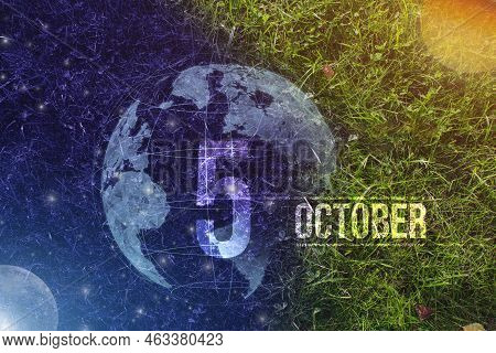 October 5th. Day 5 Of Month, Calendar Date. Day To Night Background Concept. Scene With Globe The Gr