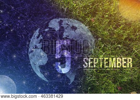 September 5th. Day 5 Of Month, Calendar Date. Day To Night Background Concept. Scene With Globe The 