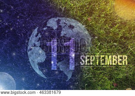 September 11st . Day 11 Of Month, Calendar Date. Day To Night Background Concept. Scene With Globe T