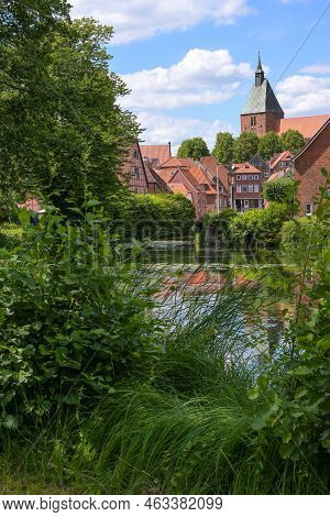 Old Town Of The Medieval Small City Moelln With Typical Red Brick Buildings And St. Nikolai Church S