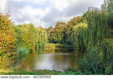 Beautiful Colorful Autumn Lake Surrounded By Autumn Follage. Autumn Background.