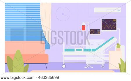 Hospital Room With Bed And Health Monitors. Medical Interior. Vector Illustration