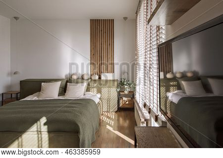 Modern Japandi Bedroom Interior Design In Earth Tones, Natural Textures With Wooden Solid Oak Furnit