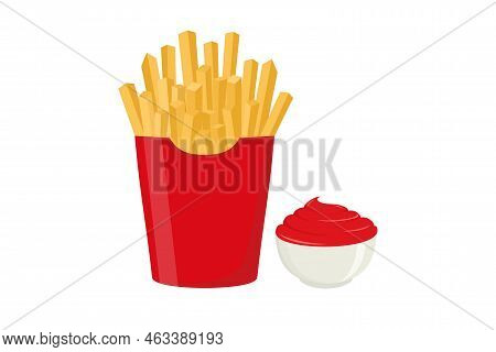 French Fries. Illustration Of French Fries In A Red Box. French Fries And Sauce Vector With Flat Sty
