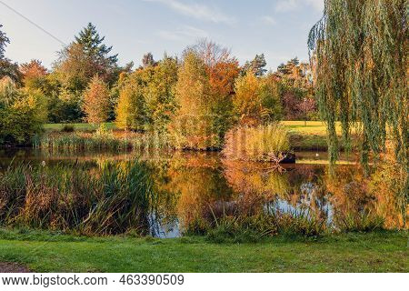 Beautiful Colorful Autumn Lake Surrounded By Autumn Follage. Autumn Background.