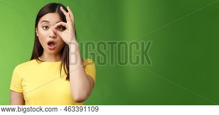 Amazed Speechless Cute Asian Young Girl Drop Jaw Astonished, Look Through Ok Circle Sign, Drop Jaw S