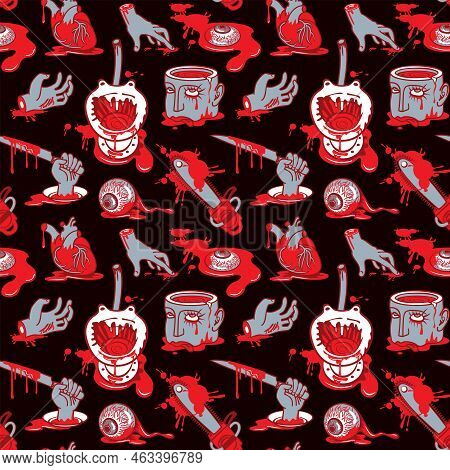 Seamless Pattern With Terrible Cartoon Pictures In A Bloody Puddles. Repeatable Vector Background On