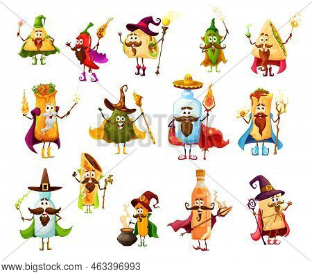 Cartoon Mexican Tex Mex Food Mage Wizard, Witch And Magician, Vector Characters. Kids Personages Bur