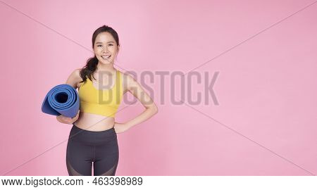 Excited Sporty Asian Women Wear Sports Wear Holding Rush Mat Yoga In Hand Standing Copy Space On Pin