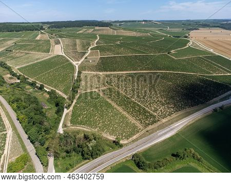 Aerial View On Chablis Grand Cru Appellation Vineyards With Grapes Growing On Limestone And Marl Soi