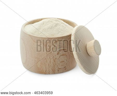 Wooden Box Of Agar-agar Powder Isolated On White