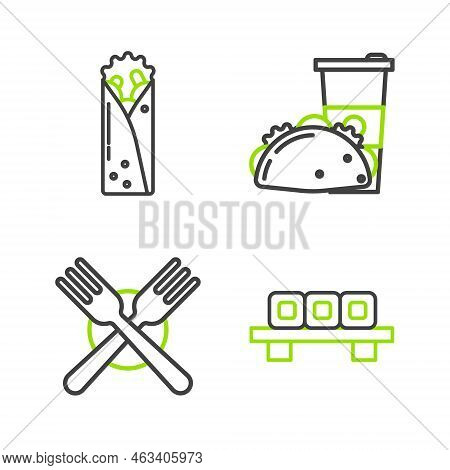 Set Line Sushi On Cutting Board, Crossed Fork, Paper Glass And Taco With Tortilla And Doner Kebab Ic