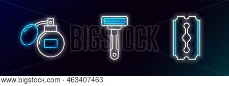 Set Line Blade Razor, Aftershave And Shaving Icon. Glowing Neon. Vector