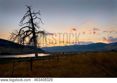 Sunset Nicola Valley Ranchland. A Tranquil Sunset In The Nicola Valley Outside Of Merritt.