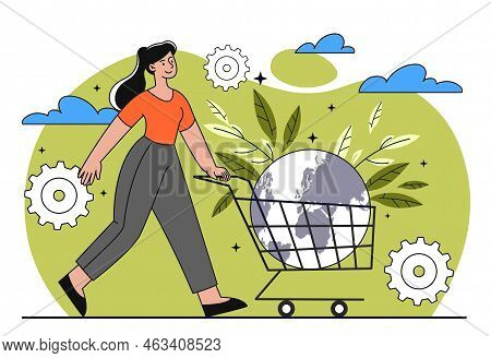 Eco Friendly Consumer. Young Girl With Cart In Hands Carries Globe. Responsible Eco Friendly Society