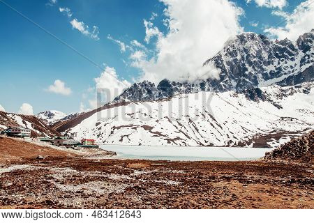 Amazing Blue Gokio Lake Under Ice And Snow, Nepal, Himalayas