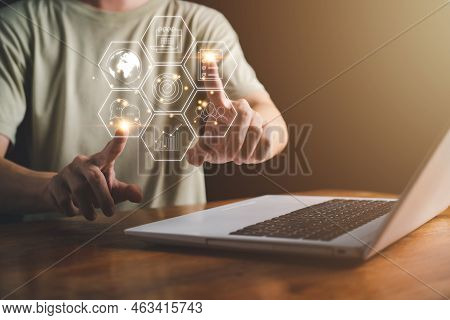 Businessman Hand Touch For Information With Hologram Via Cloud Computing Diagram. Networking And Dat