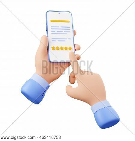 3d Render Customer Leave Feedback On Phone Screen. Hand Holding Smartphone With Five Star Rating On 