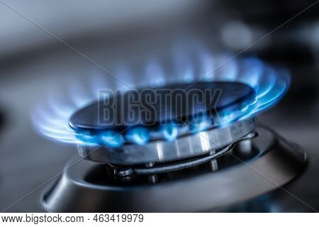 The Gas Burner Burns With The Blue Flame Of A Propane Butane Stove In A Home Kitchen Or Hotel Restau